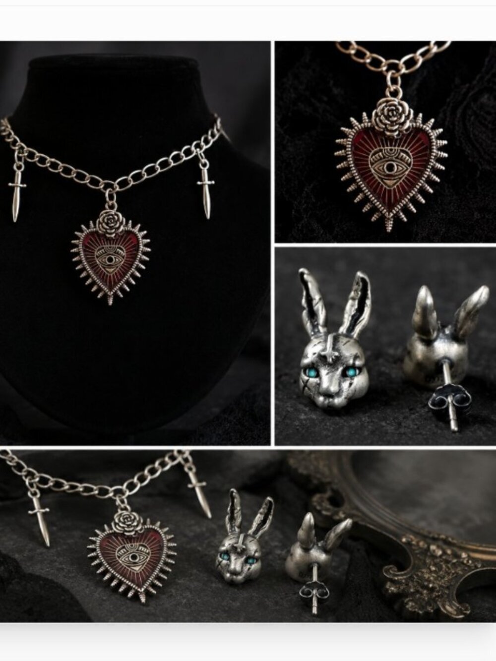 🎃🎃 Goth Red Heart & Evil Eye Alloy Necklace & Gothic Rabbit Earrings Halloween
